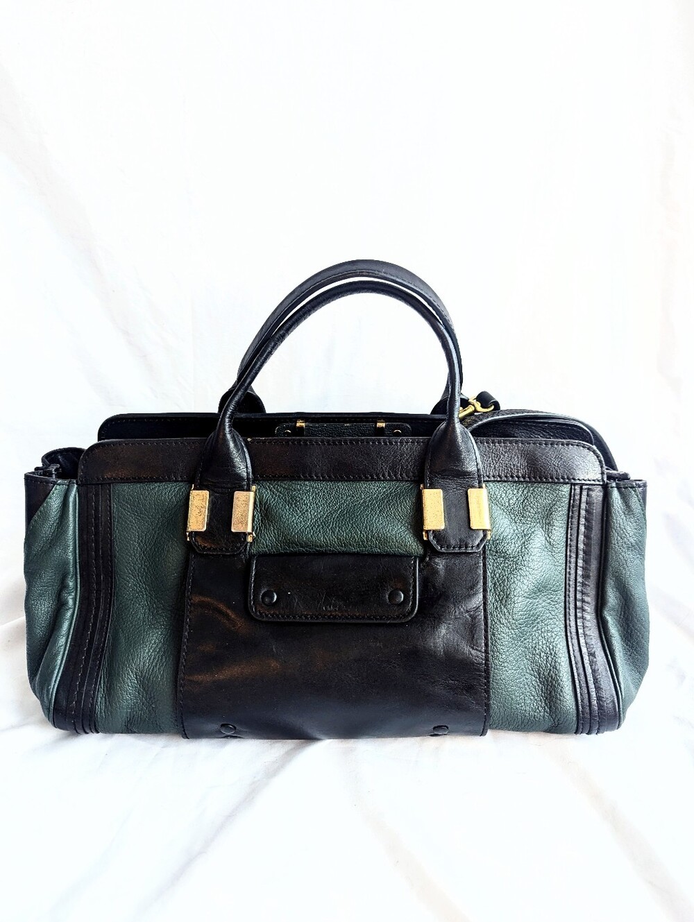 Chloé Alice Duffle Leather Satchel Bag Black Green Gold Hardware Made in Italy